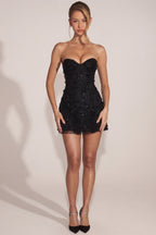Chic Embellished Appliqué Sweetheart Mini Dress in Black