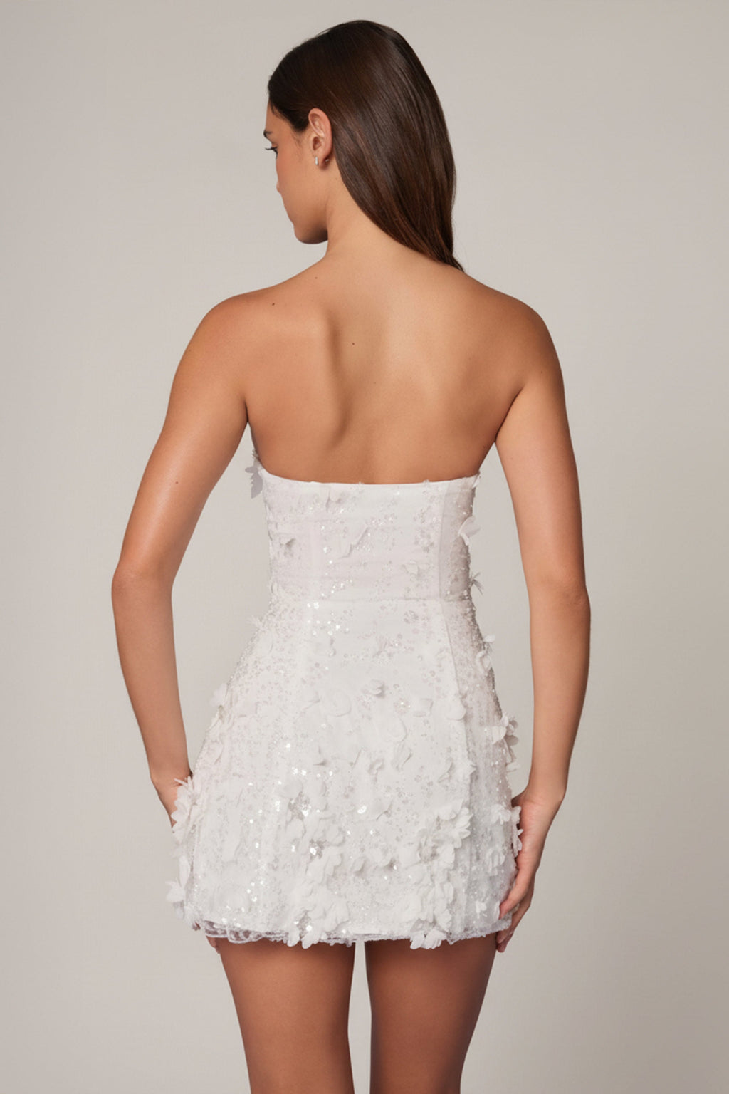 Chic Embellished Bandeau A-line Mini Dress in White