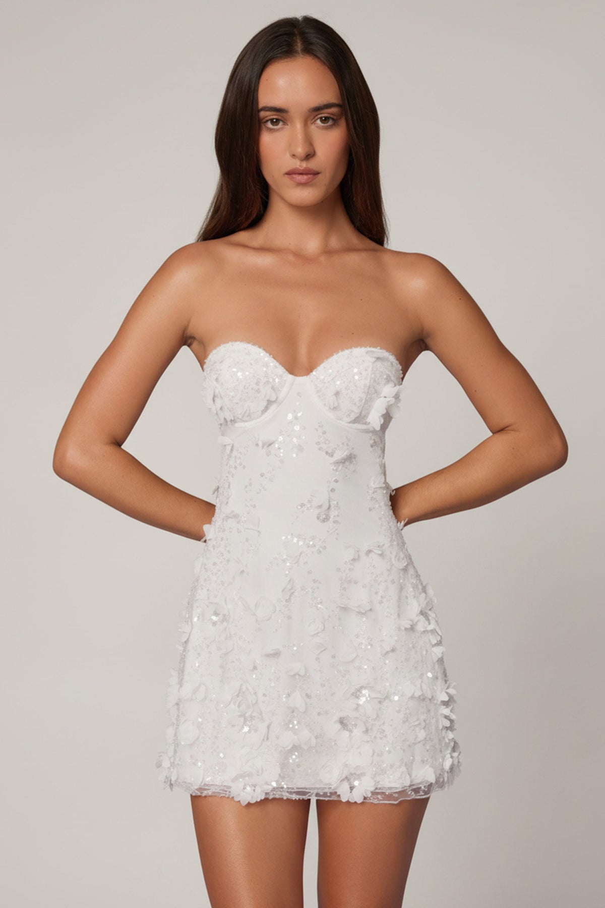 Chic Embellished Bandeau A-line Mini Dress in White