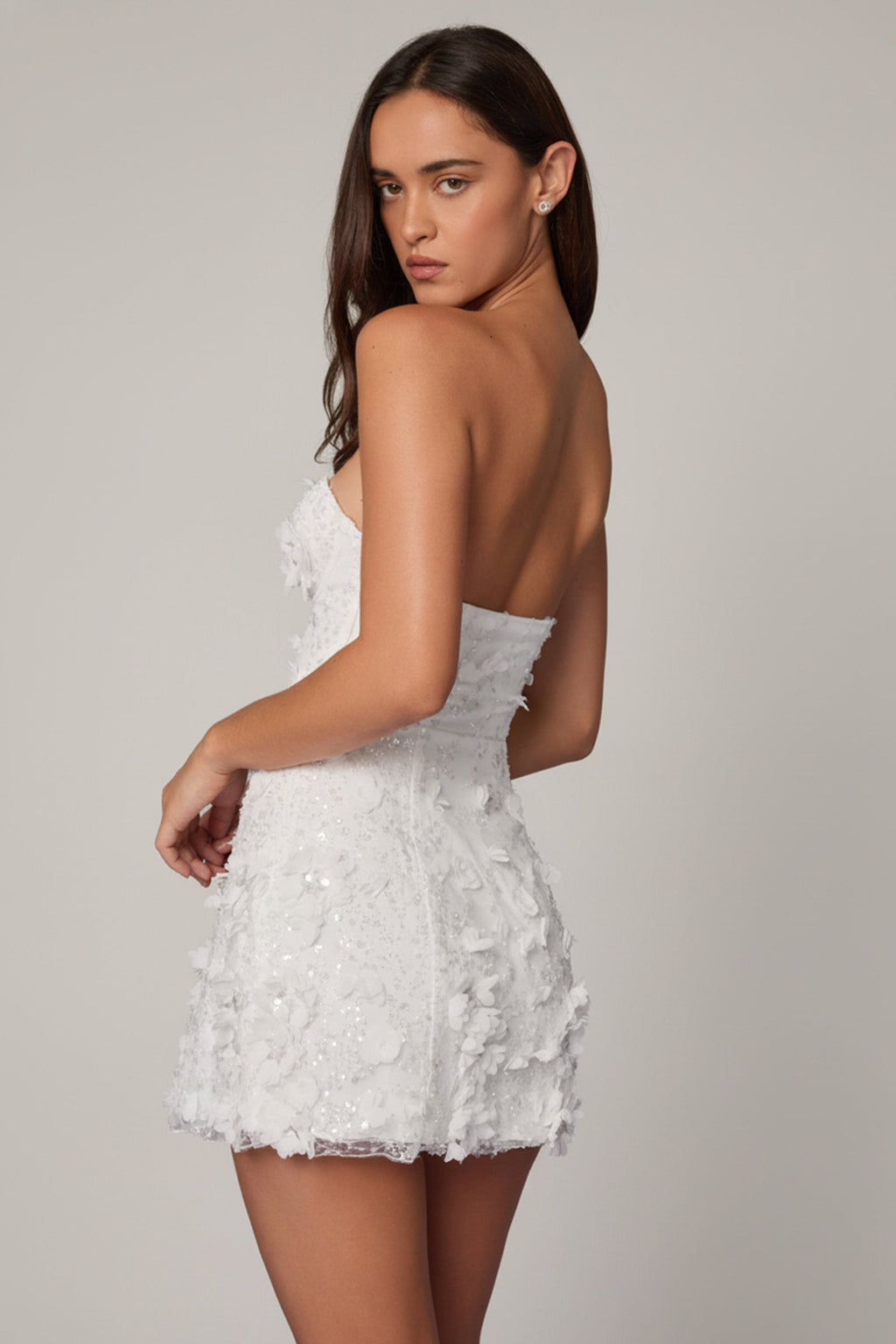 Chic Embellished Bandeau A-line Mini Dress in White