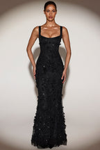 Chic Embellished Appliqué Soft-Scoop Corset Gown in Black