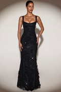 Chic Embellished Appliqué Soft-Scoop Corset Gown in Black