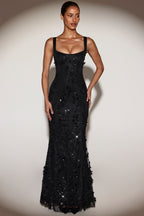 Chic Embellished Appliqué Soft-Scoop Corset Gown in Black