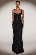 Chic Embellished Appliqué Soft-Scoop Corset Gown in Black