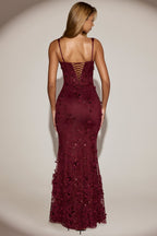 Chic Embellished Appliqué Soft-Scoop Corset Gown in Wine Red