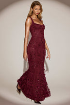 Chic Embellished Appliqué Soft-Scoop Corset Gown in Wine Red