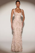 Chic Embellished Appliqué Soft-Scoop Corset Gown in Sand