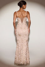 Chic Embellished Appliqué Soft-Scoop Corset Gown in Sand