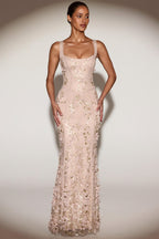 Chic Embellished Appliqué Soft-Scoop Corset Gown in Sand