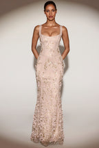 Chic Embellished Appliqué Soft-Scoop Corset Gown in Sand