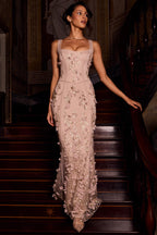 Chic Embellished Appliqué Soft-Scoop Corset Gown in Sand