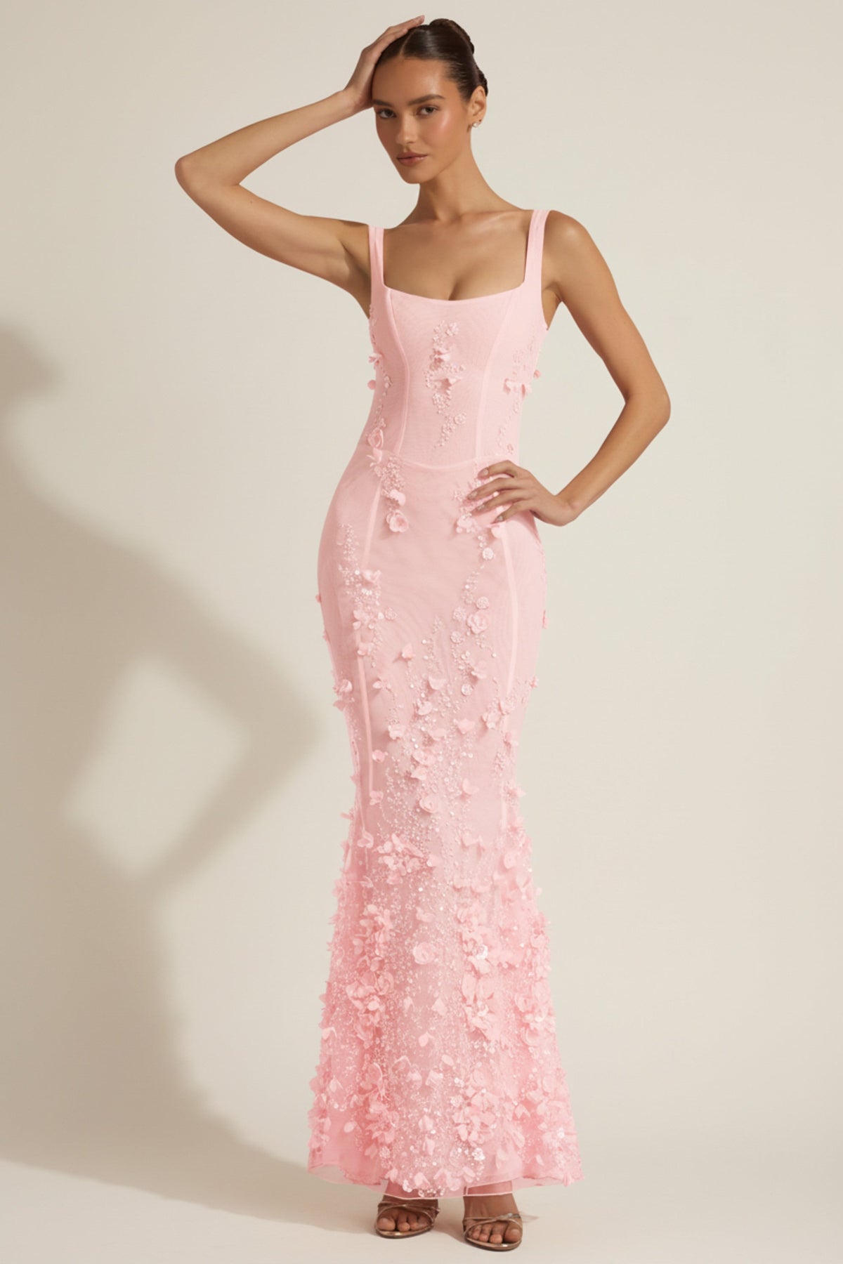 Chic Embellished Appliqué Soft-Scoop Corset Gown in Peony