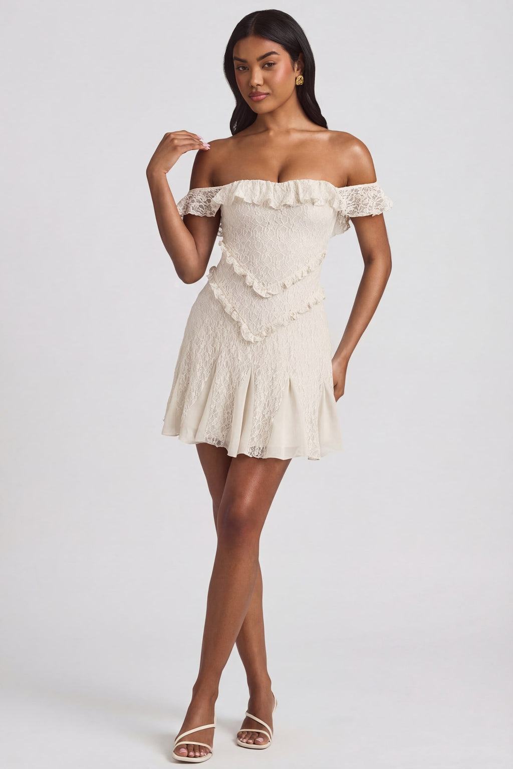 Chic Off-Shoulder Lace A-Line Mini Dress in Ivory