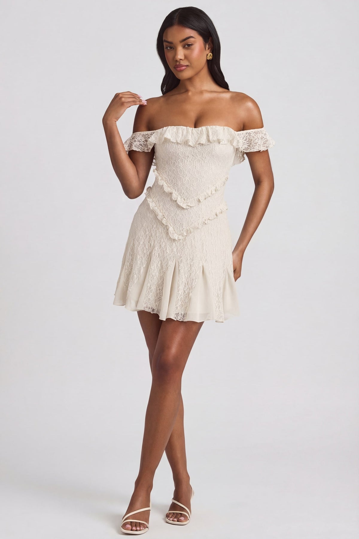 Chic Off-Shoulder Lace A-Line Mini Dress in Ivory