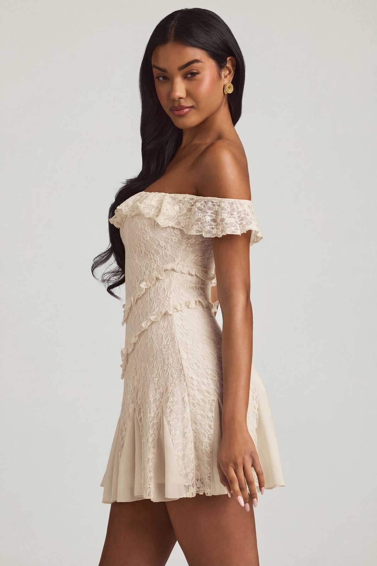 Chic Off-Shoulder Lace A-Line Mini Dress in Ivory