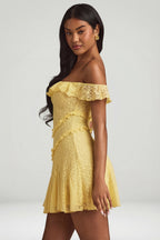 Chic Off-Shoulder Lace A-Line Mini Dress in Pastel Yellow