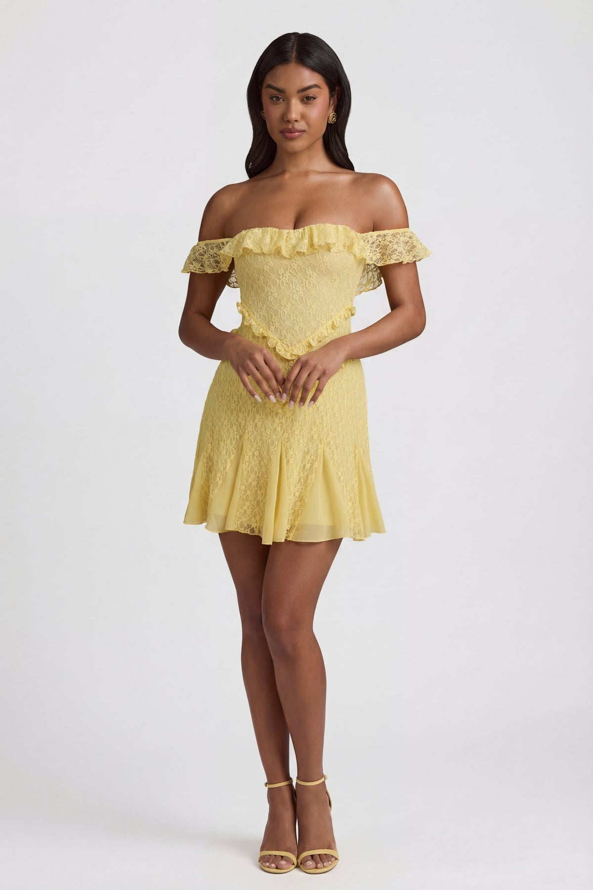 Chic Off-Shoulder Lace A-Line Mini Dress in Pastel Yellow