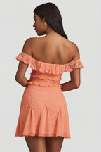 Chic Off-Shoulder Lace A-Line Mini Dress in Peach