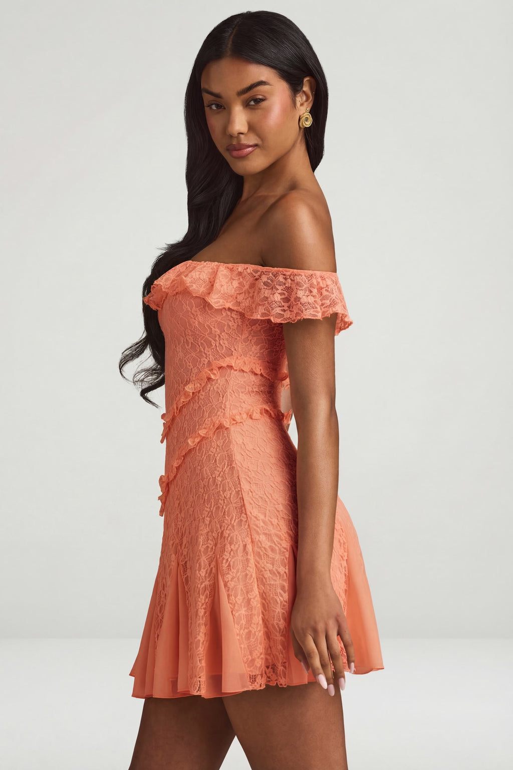 Chic Off-Shoulder Lace A-Line Mini Dress in Peach