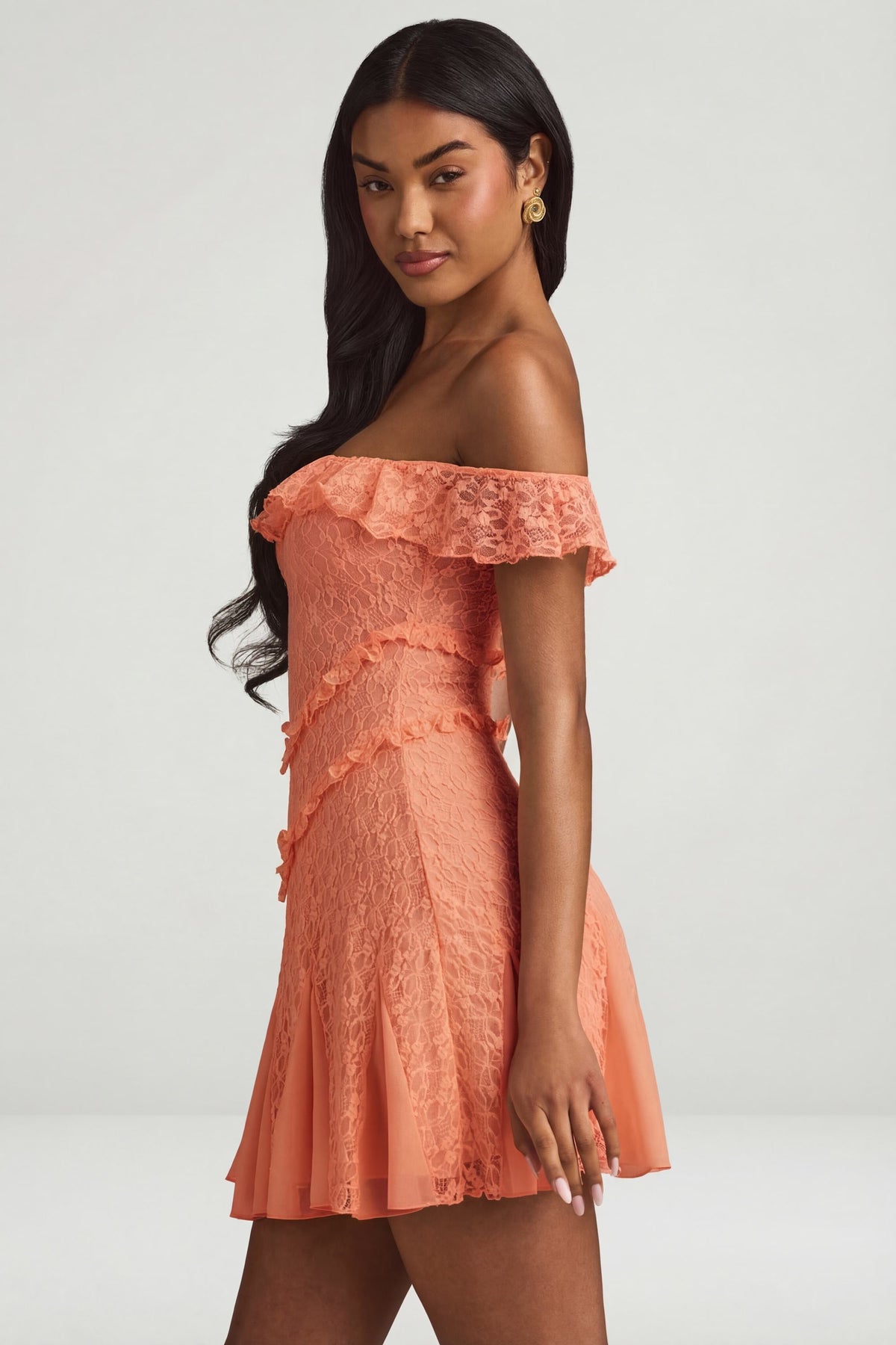 Chic Off-Shoulder Lace A-Line Mini Dress in Peach