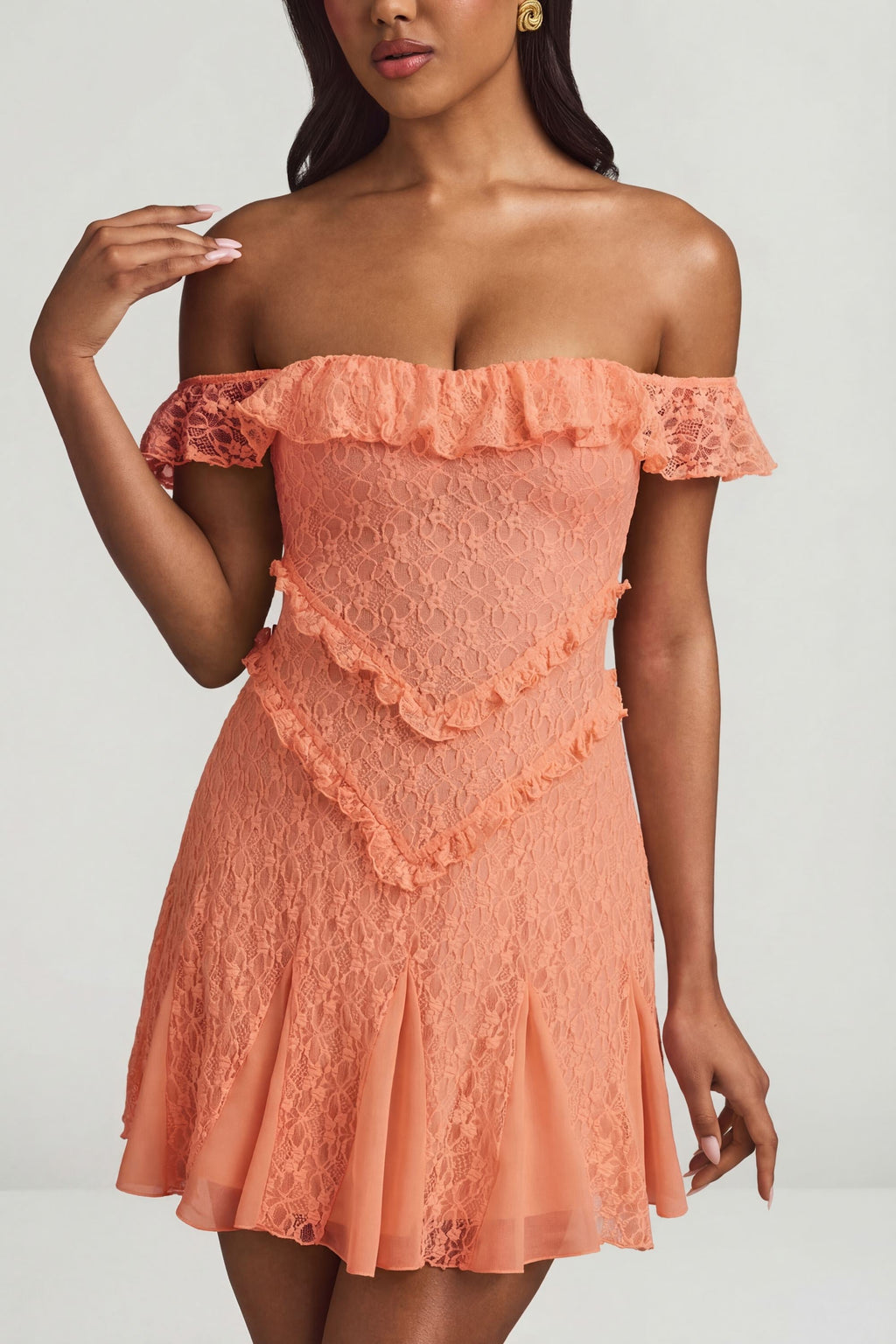 Chic Off-Shoulder Lace A-Line Mini Dress in Peach