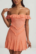 Chic Off-Shoulder Lace A-Line Mini Dress in Peach