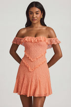 Chic Off-Shoulder Lace A-Line Mini Dress in Peach