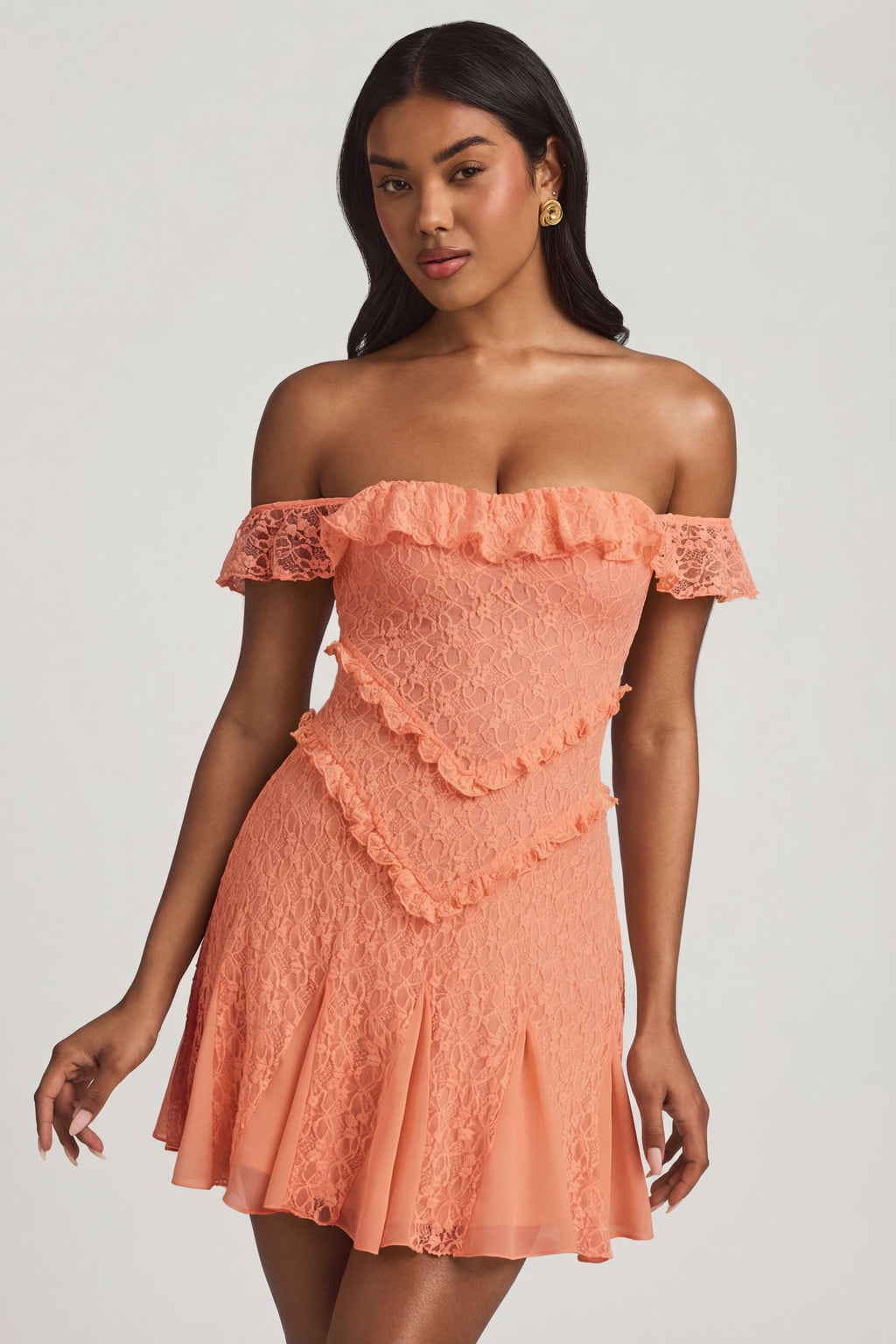 Chic Off-Shoulder Lace A-Line Mini Dress in Peach