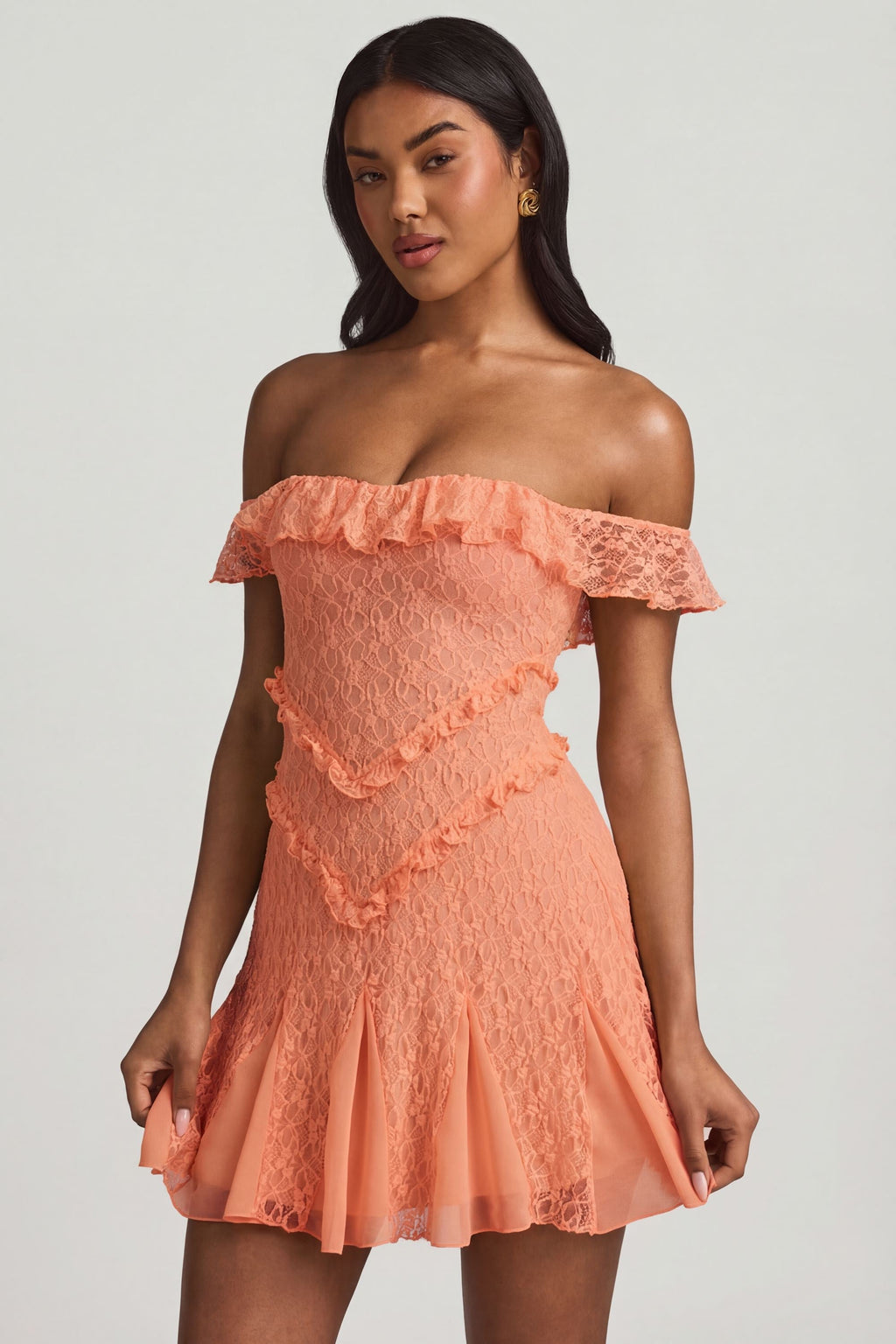 Chic Off-Shoulder Lace A-Line Mini Dress in Peach