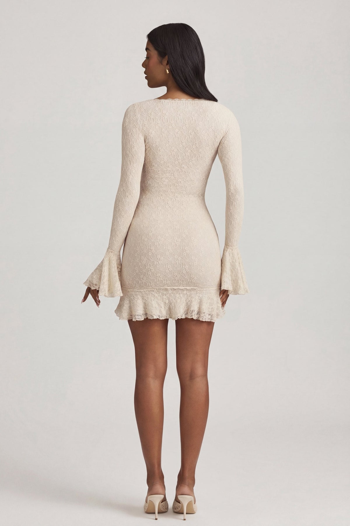 Chic Long-Sleeve Ruffled Lace Mini Dress in Ivory