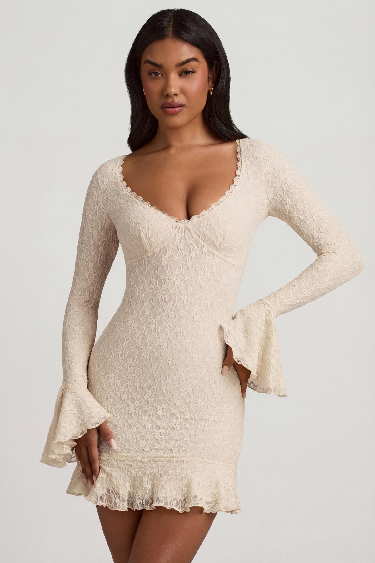 Chic Long-Sleeve Ruffled Lace Mini Dress in Ivory
