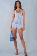 Chic Button-Down Halterneck Playsuit in Light Denim