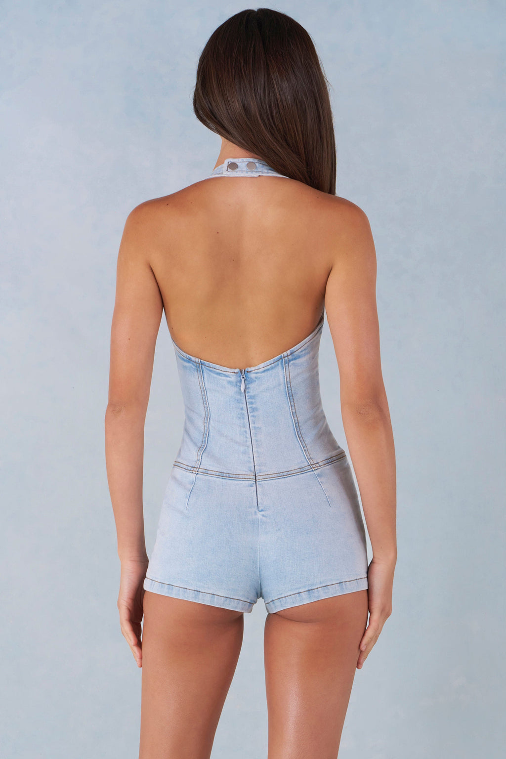 Chic Button-Down Halterneck Playsuit in Light Denim