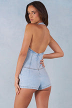 Chic Button-Down Halterneck Playsuit in Light Denim