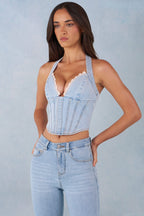 Chic Halterneck Denim Corset Style Top in Light Denim