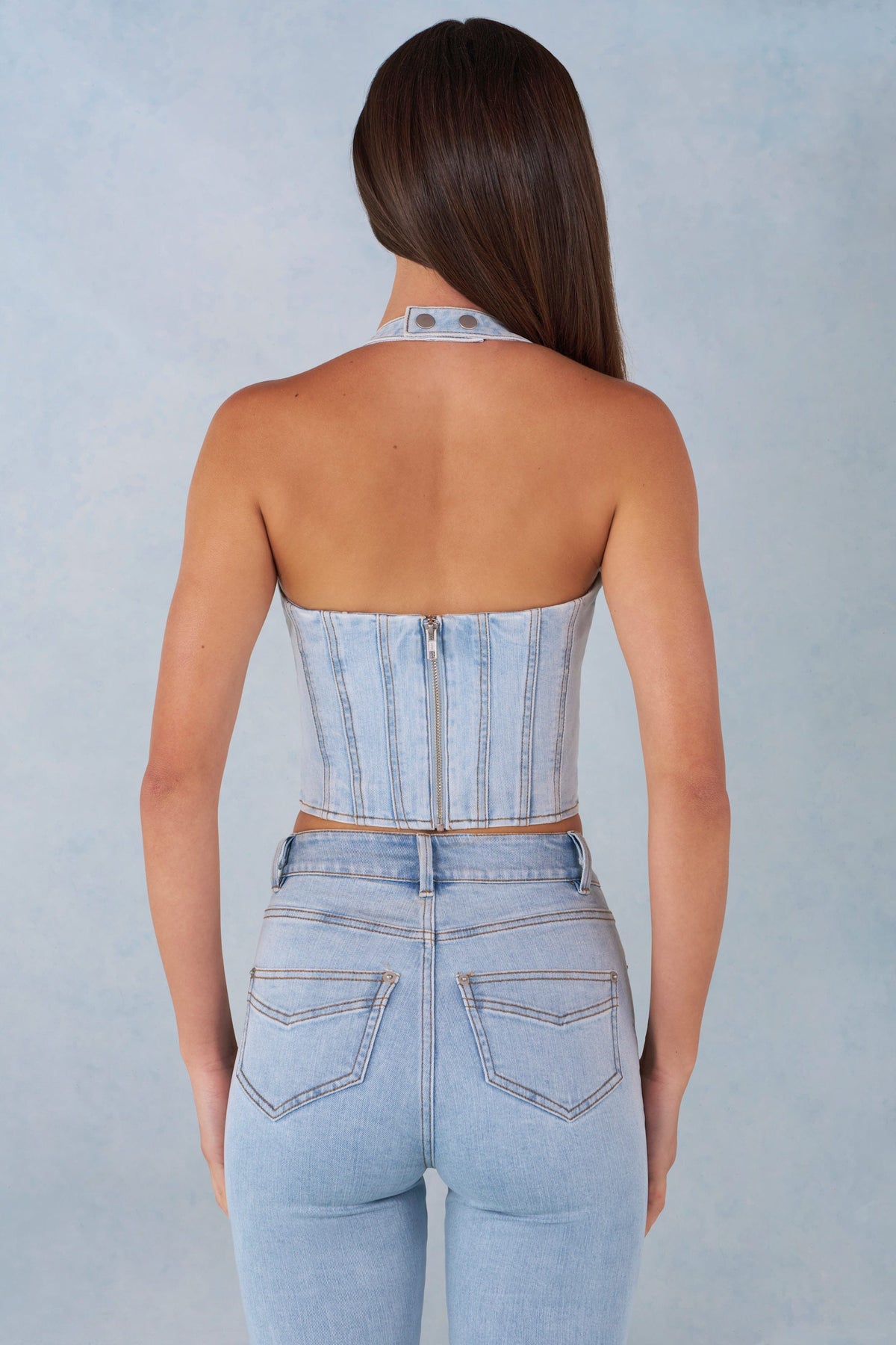 Chic Halterneck Denim Corset Style Top in Light Denim