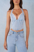 Chic Halterneck Denim Corset Style Top in Light Denim