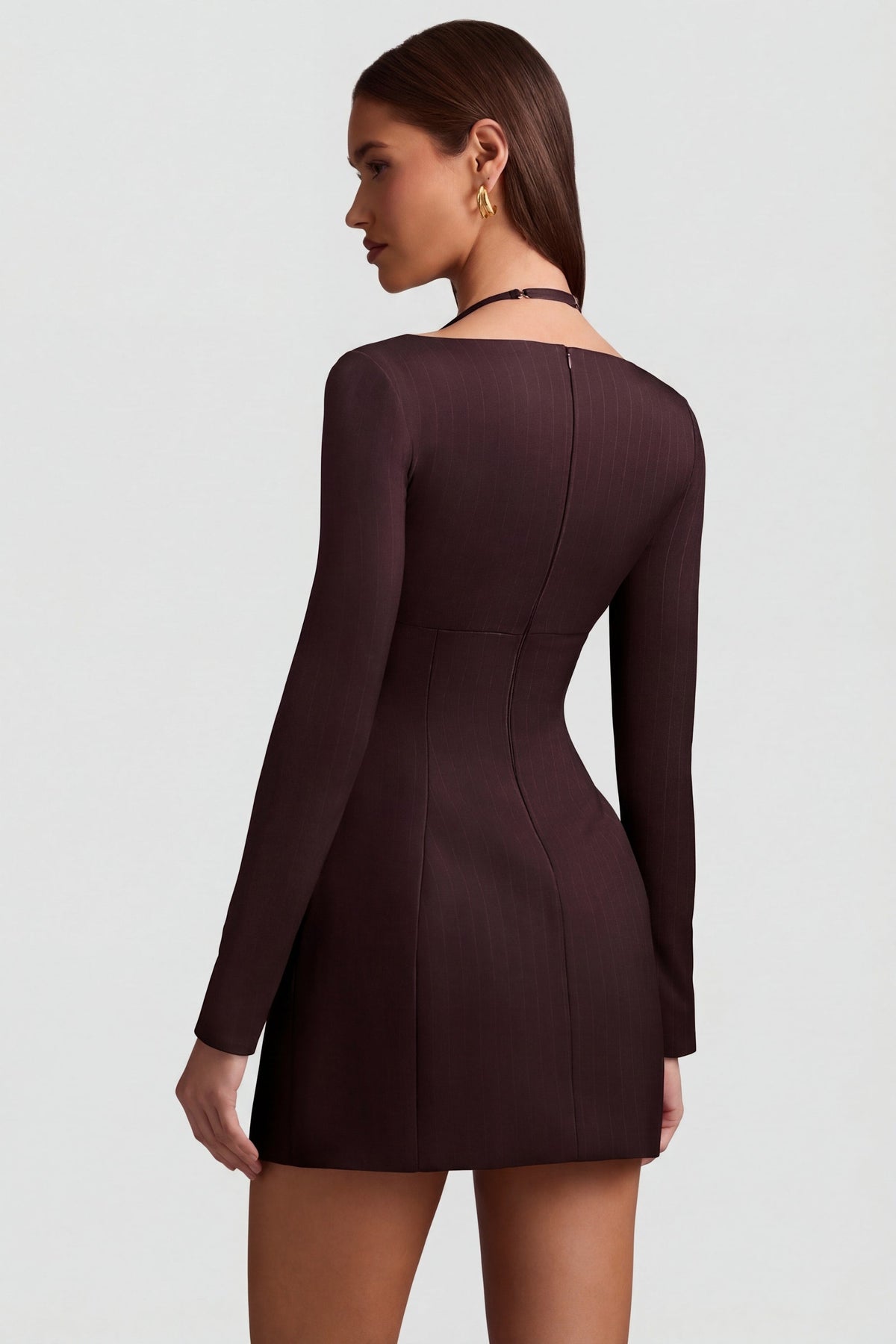 Chic Pinstripe Structured A-Line Mini Dress in Chocolate Brown