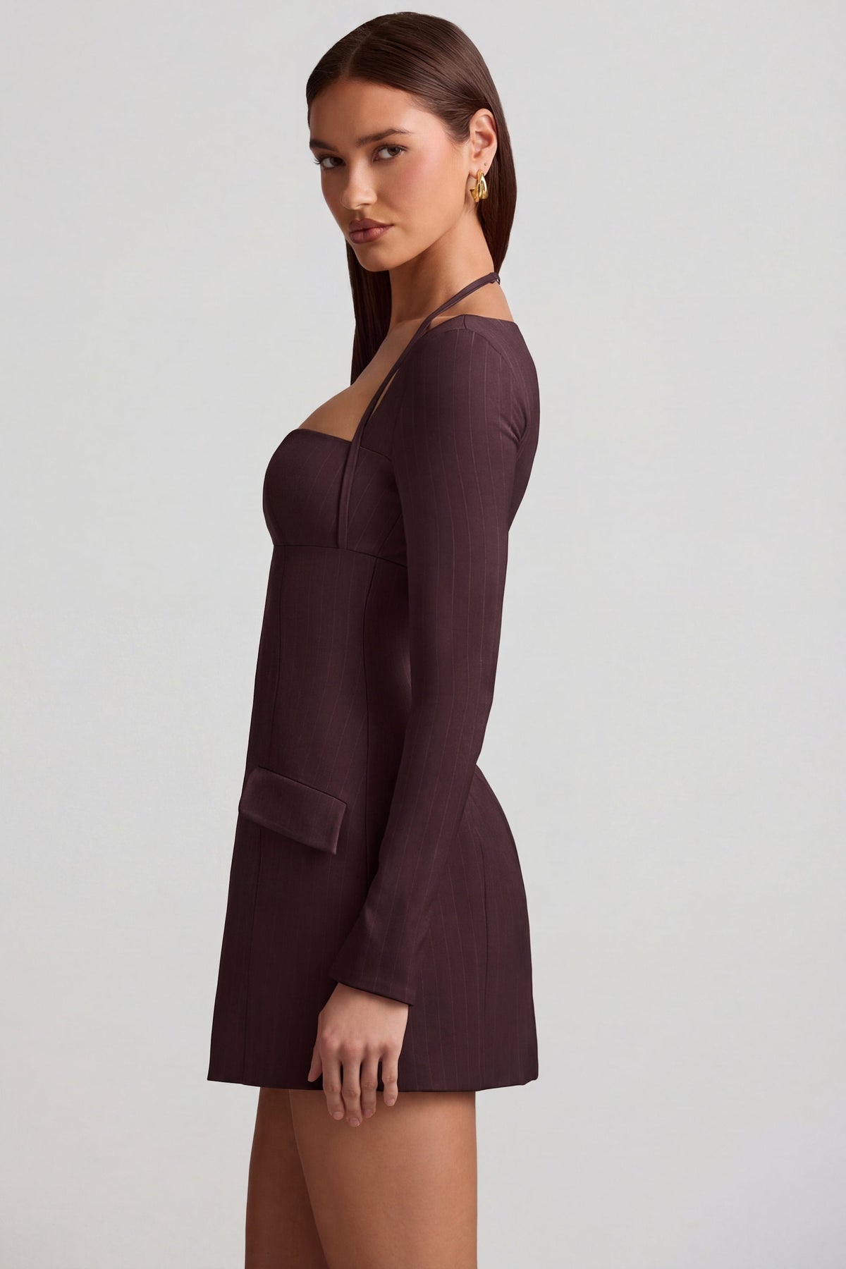 Chic Pinstripe Structured A-Line Mini Dress in Chocolate Brown
