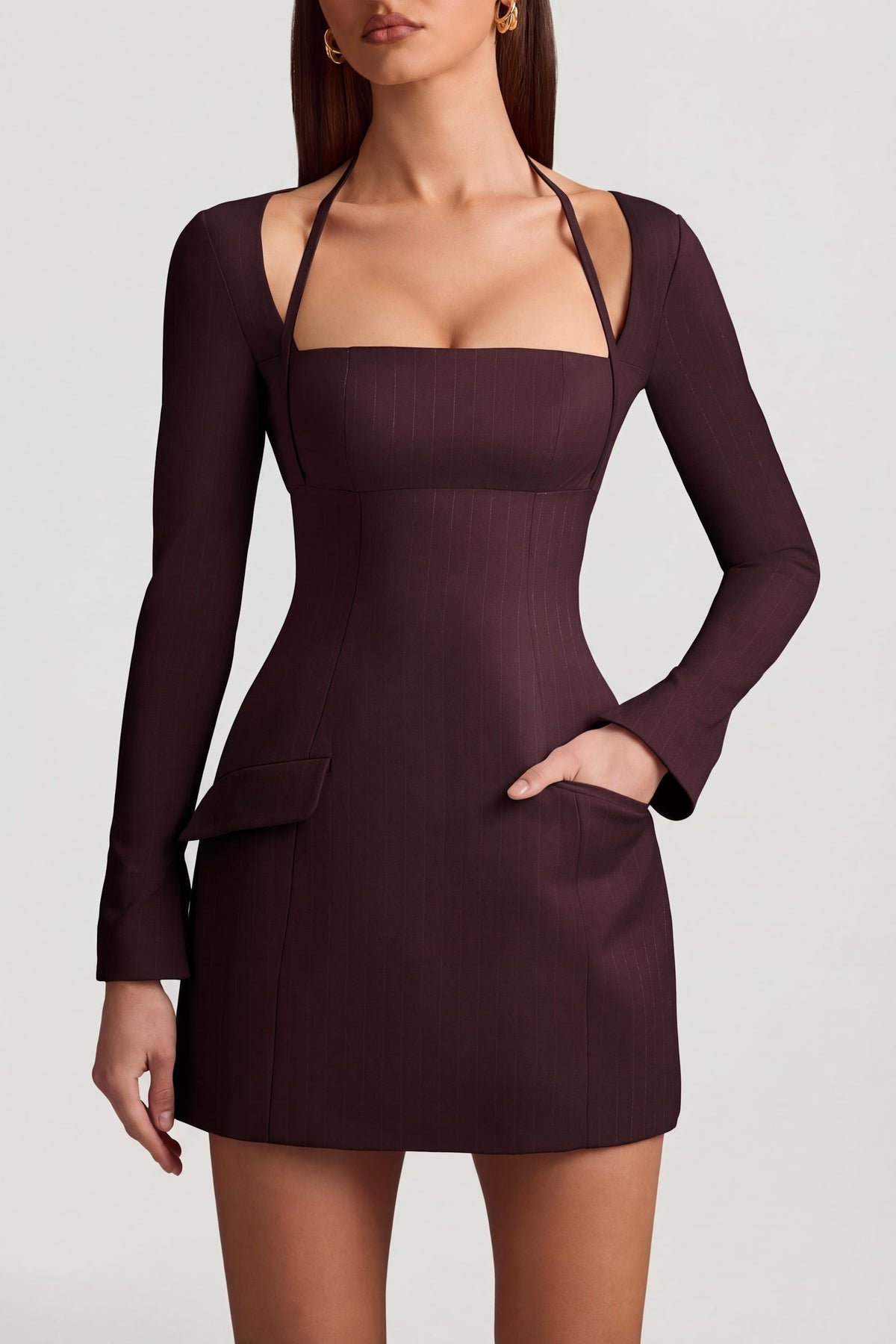 Chic Pinstripe Structured A-Line Mini Dress in Chocolate Brown
