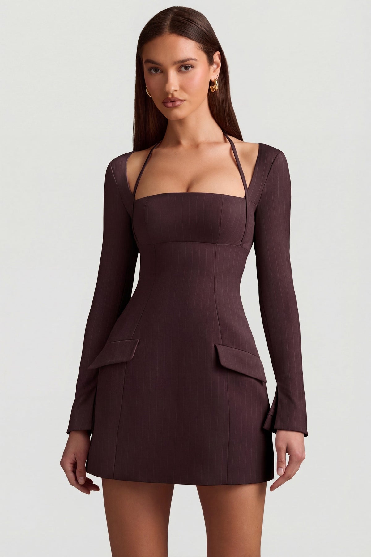 Chic Pinstripe Structured A-Line Mini Dress in Chocolate Brown