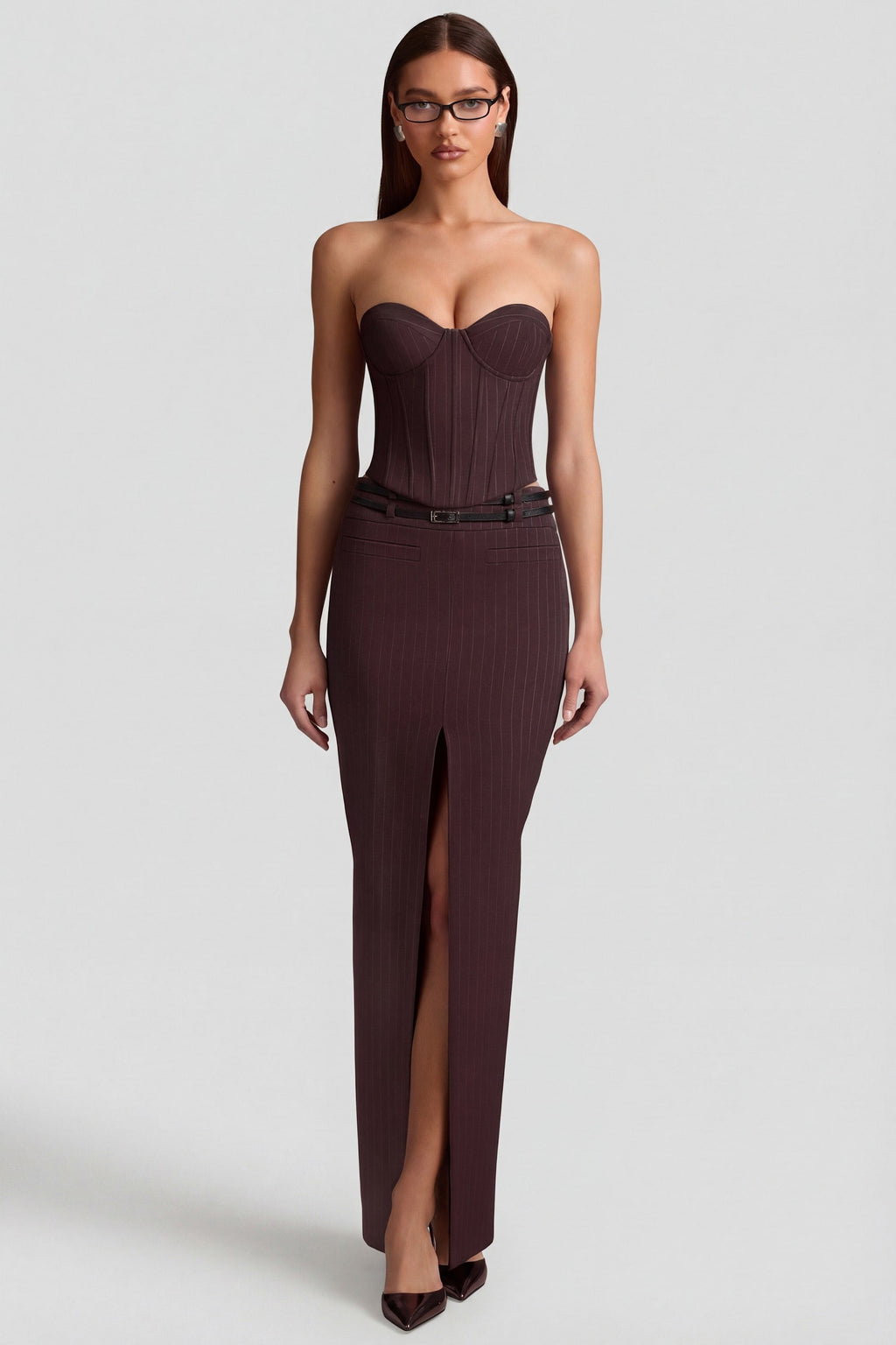 Chic Pinstripe Low-Rise Maxi Skirt in Chocolate Brown