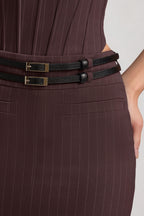 Chic Pinstripe Low-Rise Maxi Skirt in Chocolate Brown