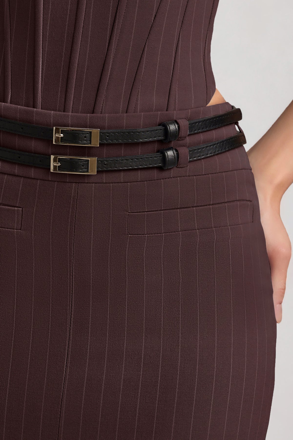 Chic Pinstripe Low-Rise Maxi Skirt in Chocolate Brown
