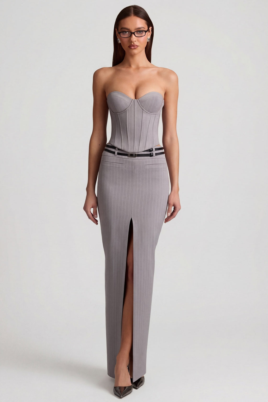 Chic Pinstripe Low-Rise Maxi Skirt in Grey