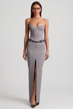 Chic Pinstripe Low-Rise Maxi Skirt in Grey