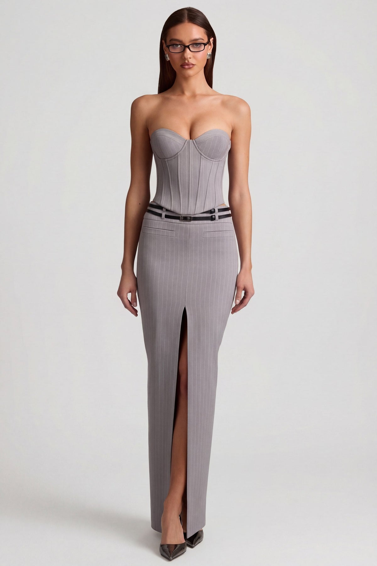 Chic Pinstripe Low-Rise Maxi Skirt in Grey