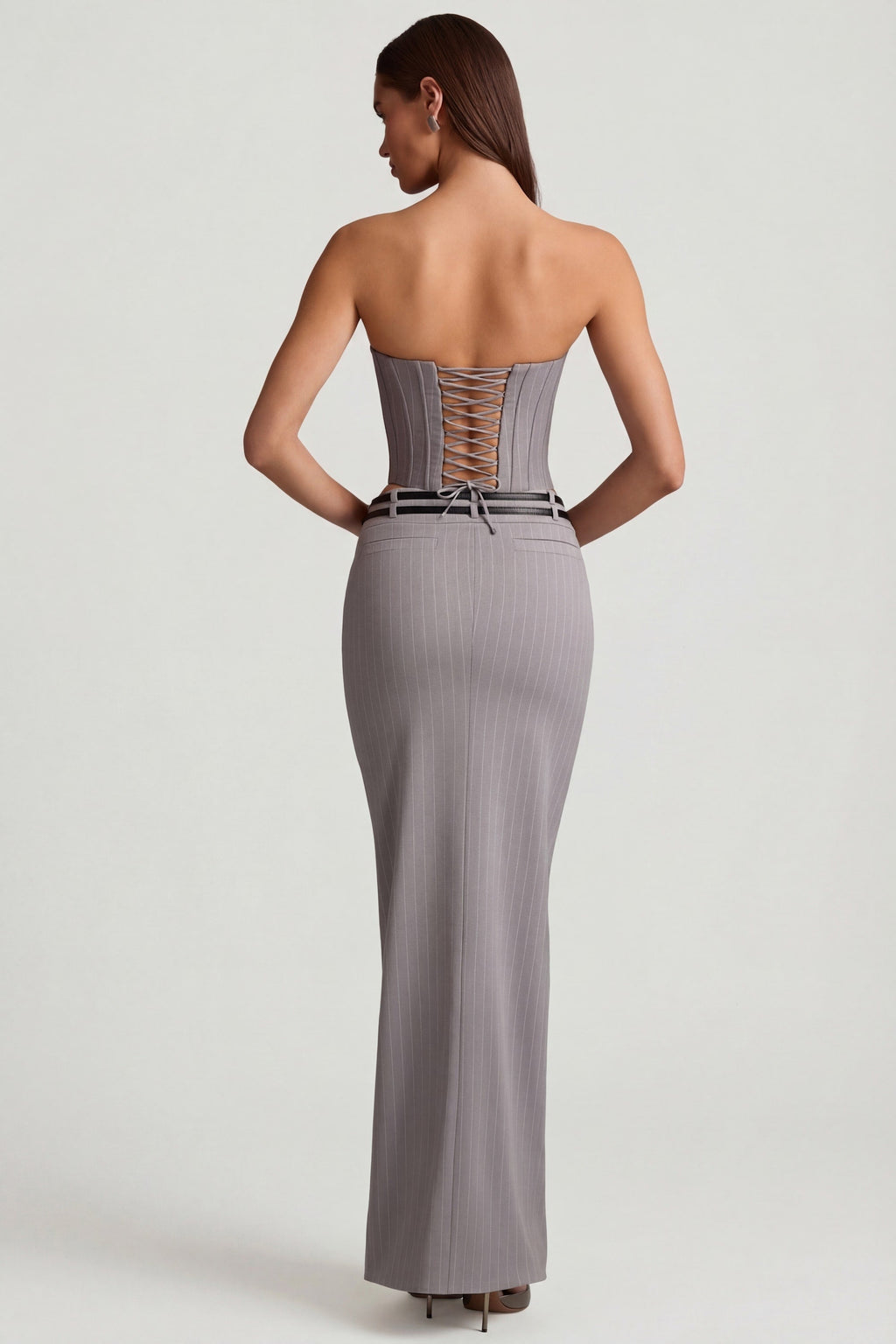 Chic Pinstripe Low-Rise Maxi Skirt in Grey