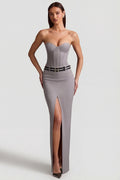 Chic Pinstripe Low-Rise Maxi Skirt in Grey