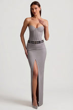 Chic Pinstripe Low-Rise Maxi Skirt in Grey